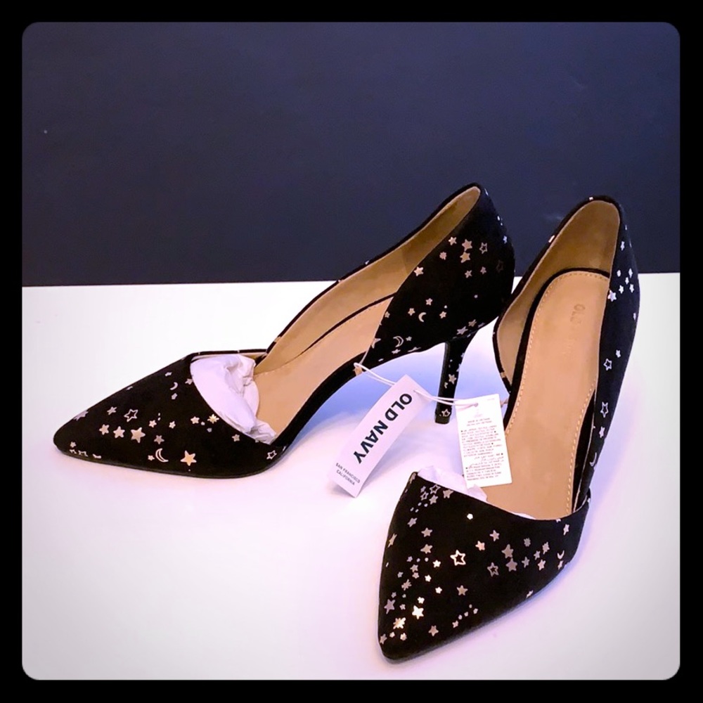 Old Navy Black Suede Heels with Stars and Moons